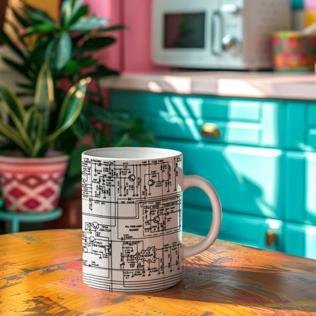 Caneca De Café Símbolos de Diagrama Esquemático Circuito Eletrôni (Schematic Diagram Symbols Electronic Circuit coffee mug placed over a wooden surface in a kitchen)