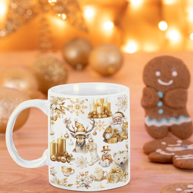 Caneca De Café Símbolos de Natal Dourados e brancos (Criador carregado)