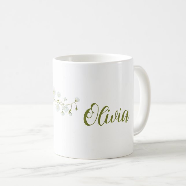 Caneca De Café Simple Olivia chama rosas brancas elegantes (Frente Esquerda)