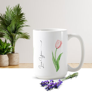 Caneca De Café Simples Aquarela Tulip Monograma Floral Coffee Mug