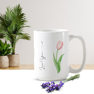 Caneca De Café Simples Aquarela Tulip Monograma Floral Coffee Mug