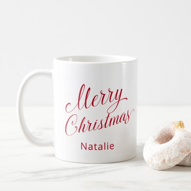 Caneca De Café Simples Elegante - Script Vermelho Moderno Natal (Com Donut)