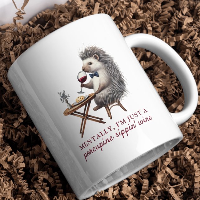 Caneca De Café Simples Pun Porcupine Sippin' Wine Funny (Fun Quirky Porcupine Wine Cute Mug - Perfect for Cozy Mornings and Funny Unique Wine Lover Gifts)
