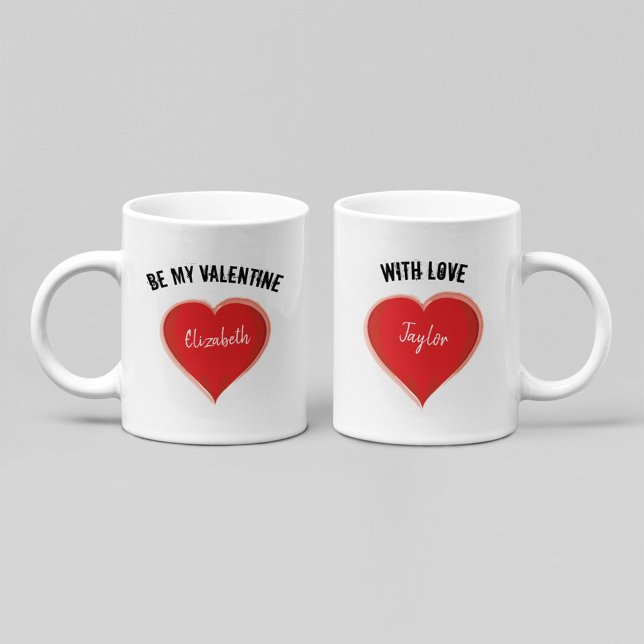 Caneca De Café Simples Seja Meu Namorados Vermelho Branca (Personalized Valentine mug with red heart and custom names romantic couple gift design.)