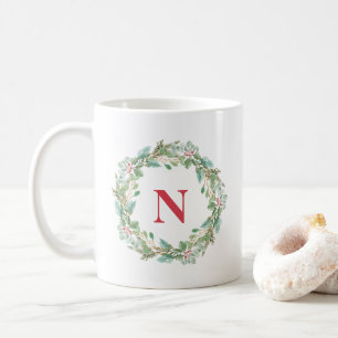 Caneca De Café Simples Wreath Red Monograma Natal Moderno