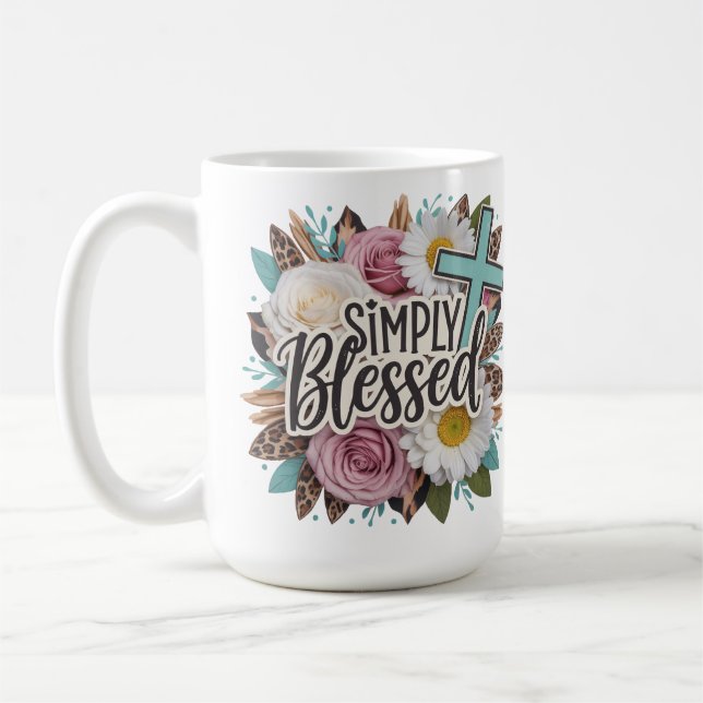 Caneca De Café Simplesmente Abençoada Cruz Cristã Floral (Esquerda)