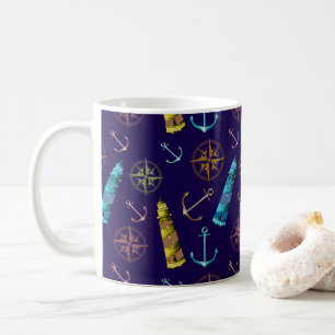 Caneca De Café Sinais Náuticos Âncora Farol Dourado Bússola