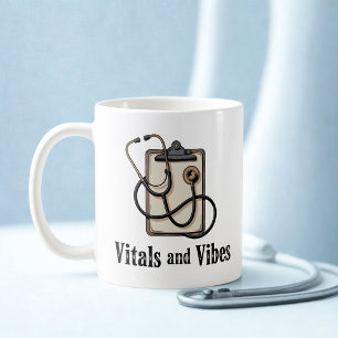 Caneca De Café Sinais Vitais e Vibrações Design de Humor na Saú