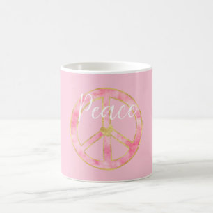 Caneca De Café Sinal de Paz Coração Dourado Aquarela Rosa