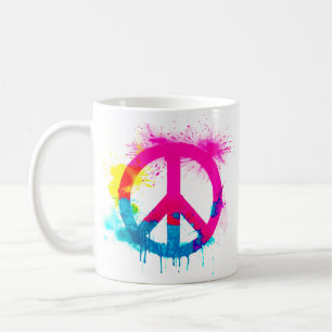 Caneca De Café Sinal de paz cores neon groovy respingo de tinta s
