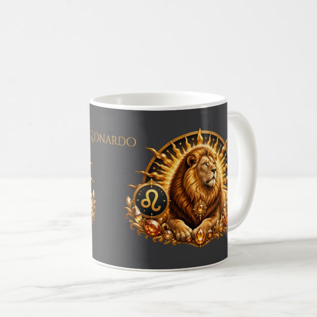 Caneca De Café Sinal do Zodíaco Leão Personalizado Dourado (Frente Esquerda)