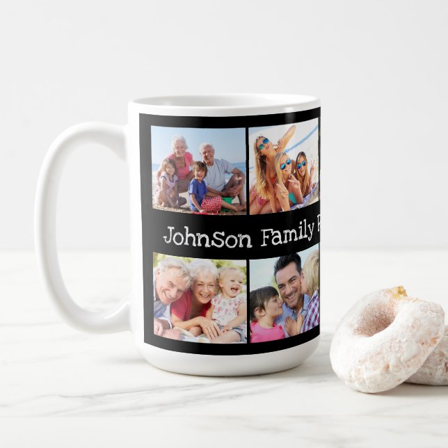 Caneca De Café Sindicato Personalizado Preto da Família de Colage (Com Donut)