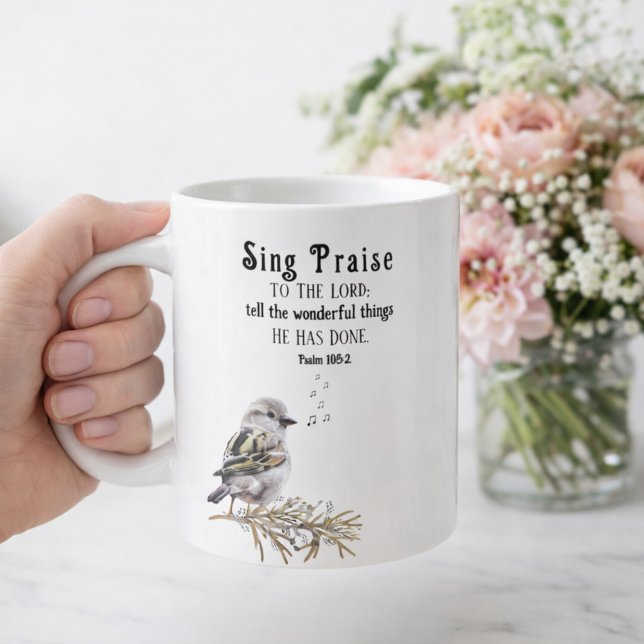 Caneca De Café Sing Praise to the Lord Psalm 105:2 Bird Scripture (Bird Singing Psalm 105:2 with Music Notes Coffee Mug)