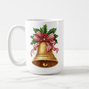 Caneca De Café Sino de Natal Dourado com Azevinho e Laço de Listr
