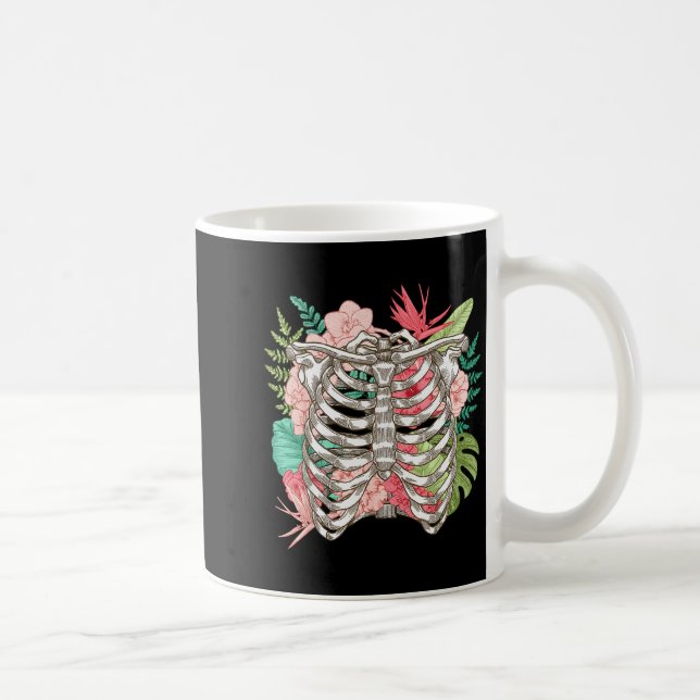 Caneca De Café Skeleton Flowers Rib Cage X-ray Funny Halloween  (Direita)