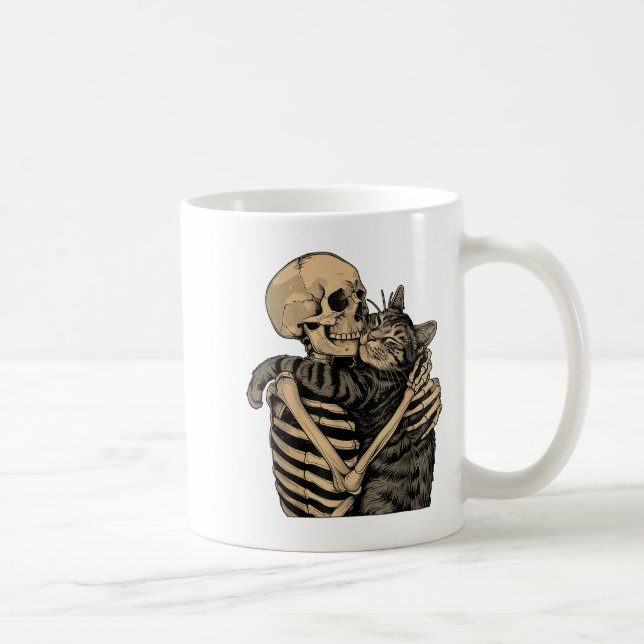 Caneca De Café Skeleton Hugging Cat Halloween Cat Lover Cat Mãe D (Direita)