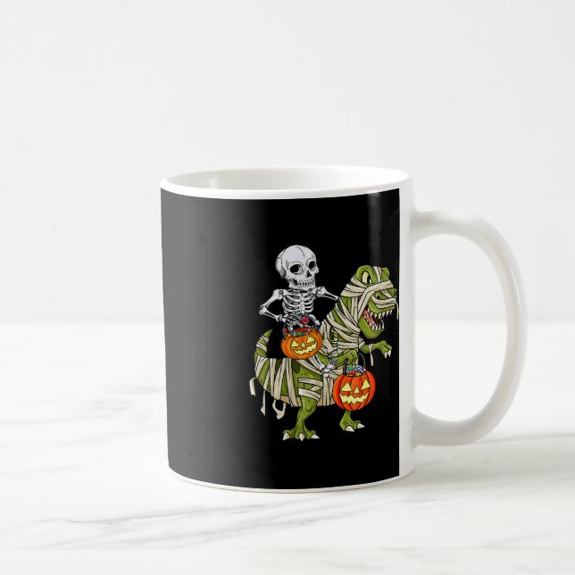 Caneca De Café Skeleton Riding Mummy Dinosaur T rex Halloween (Direita)