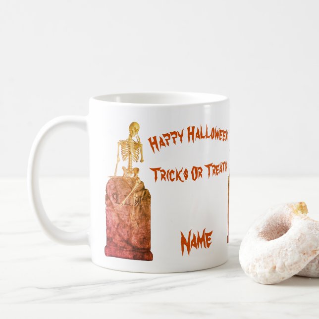 Caneca De Café Skeleton Tombstone Halloween Engraçado Personaliza (Com Donut)
