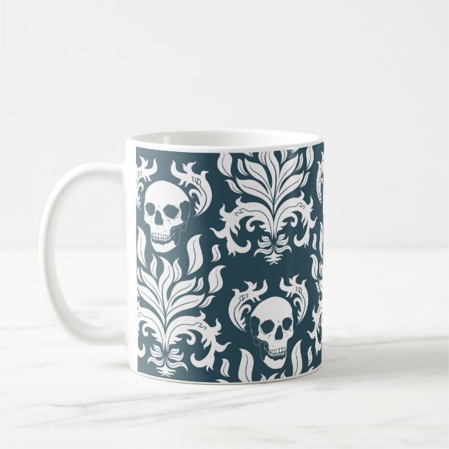 Caneca De Café Skull Flame Damask em branco nítido em azul-estilh (Esquerda)