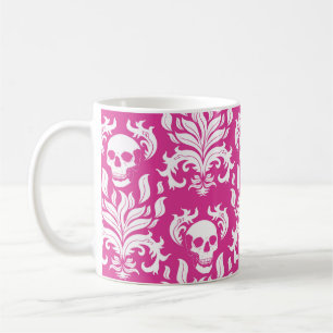 Caneca De Café Skull Flame Damask em branco nítido em rosa quente