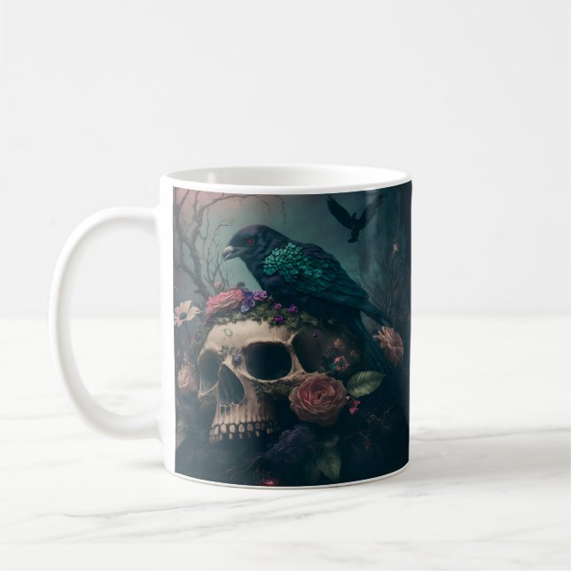 Caneca De Café Skull with Roses and Crow Goth Art (Esquerda)