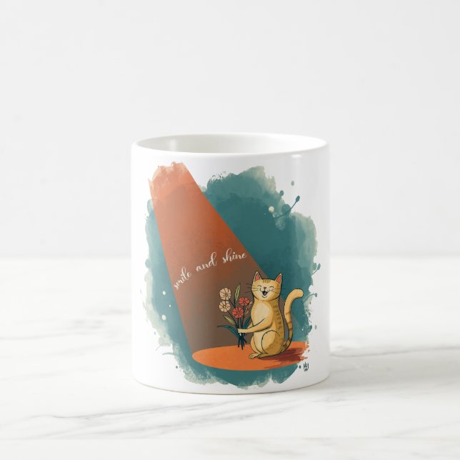 Caneca De Café Smiling Cat Holding a Flower Mug | “Smile and Shin (Centro)
