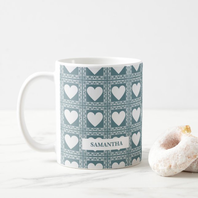 Caneca De Café Smoky Teal Geometric Hearts Valentine’s Gift (Com Donut)
