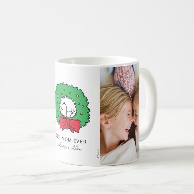 Caneca De Café Snoopy Christmas Wreath | Melhor Foto da Mãe (Frente Esquerda)