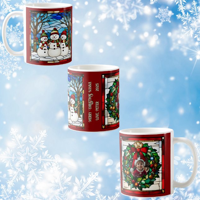 Caneca De Café Snowman Family Faux Stainer Glass (Criador carregado)