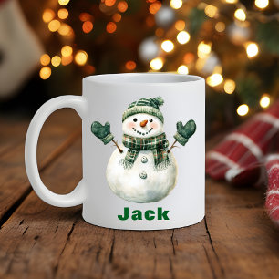 Caneca De Café Snowman Green Scarf Nome Personalizado