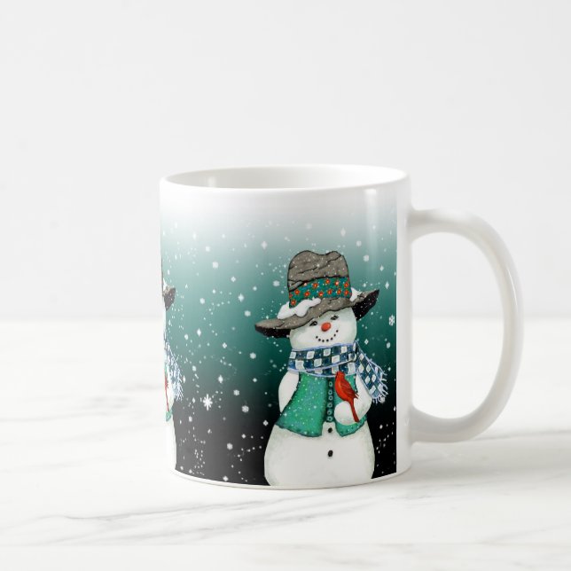 Caneca De Café Snowman sorridente, Cardeal em uma Mug de Snowstor (Direita)