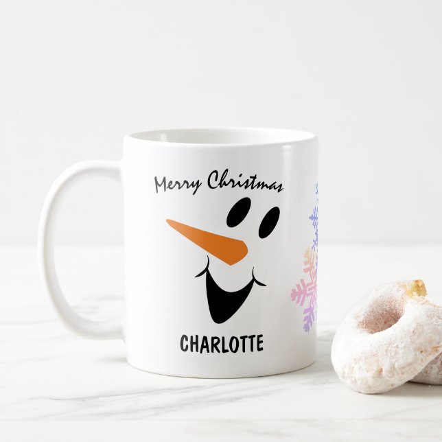 Caneca De Café Snowman Sorridente Com Boca Aberta. Feliz Natal (Com Donut)