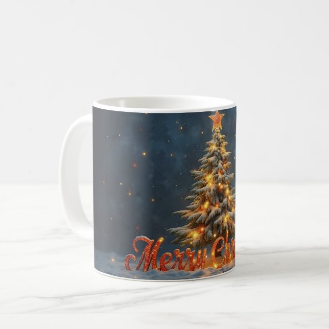 Caneca De Café Snowy Christmas Tree with Warm Lights (Frente Esquerda)