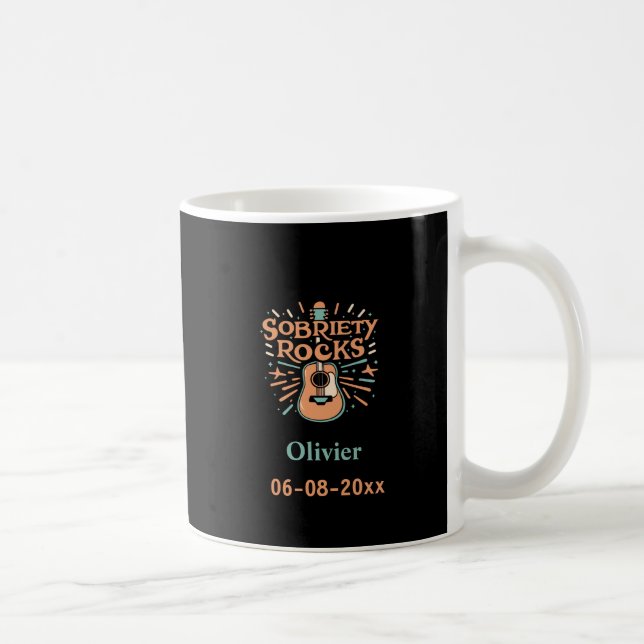 Caneca De Café Sobriety Rocks Guitar, Sober Date & Custom Name (Direita)