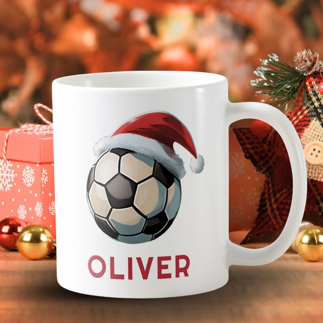 Caneca De Café Soccer Football Ball Red Santa Hat Name Christmas  (Criador carregado)
