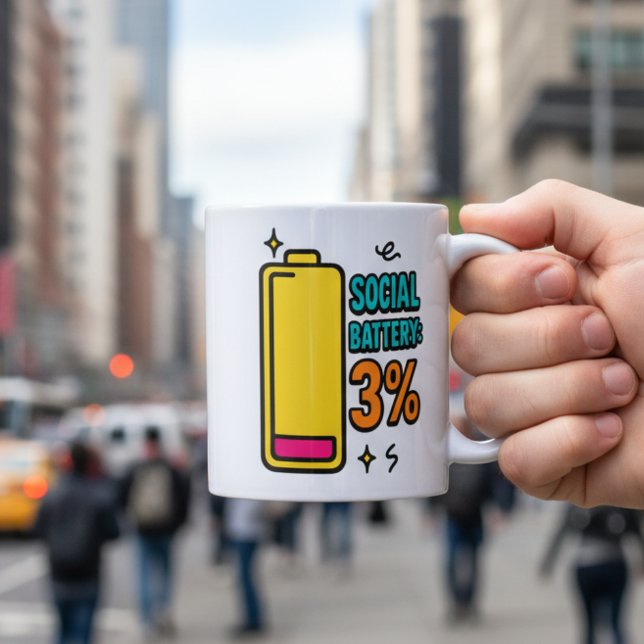 Caneca De Café Social Battery 3 Percent – Funny Neurospicy Introv (Criador carregado)
