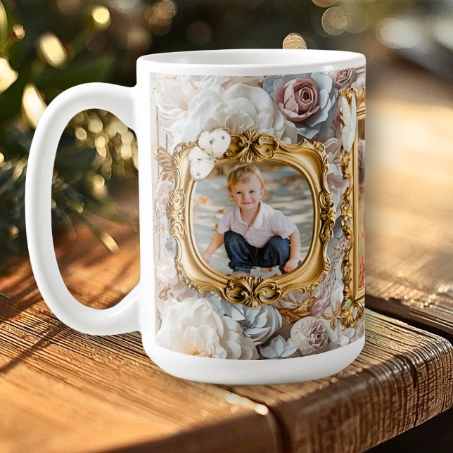 Caneca De Café Soft Gold Baroque Floral Photo Frames Collage (Criador carregado)