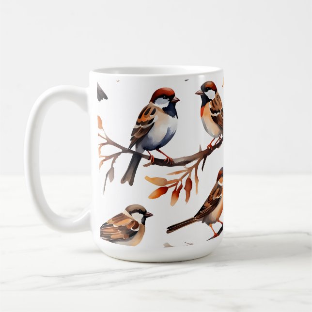 Caneca De Café "Soiree Sparrow" Aquarela Artisan Coffee Mug (Esquerda)