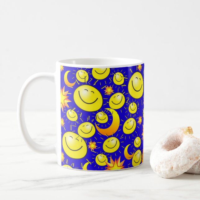Caneca De Café Sol Amarelo, Lua, Estrelas Blue Mug (Com Donut)