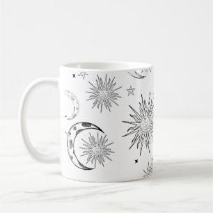 Caneca De Café Sol Lua e Estrelas Caprichosas Preto e Branco