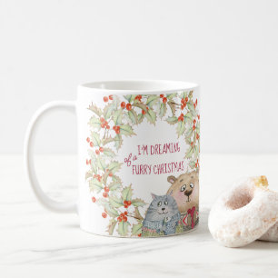 Caneca De Café Sonhando com um Natal Peludo Gato Cachorro e Azevi