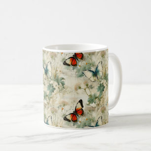 Caneca De Café Sonho Jardim de Borboletas em Tons de Azul Floral