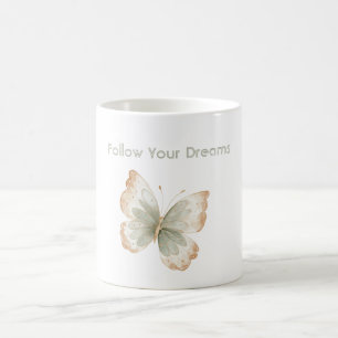 Caneca De Café Sonhos de Borboleta Verde Creme Bege Branco