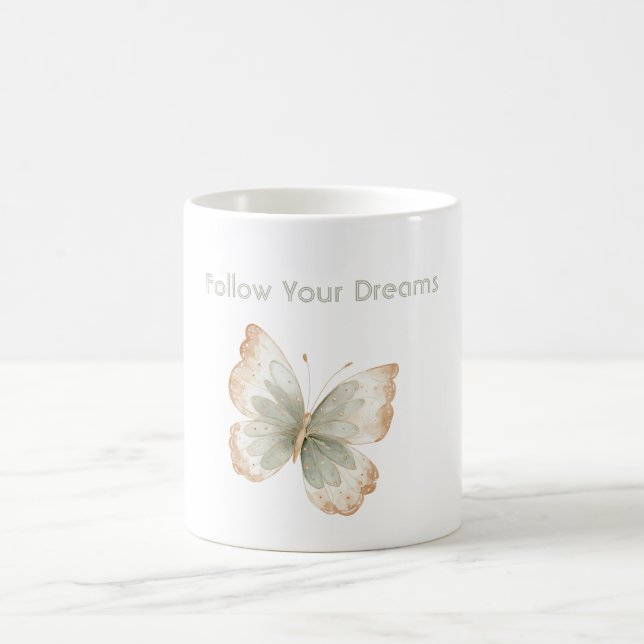 Caneca De Café Sonhos de Borboleta Verde Creme Bege Branco (Centro)