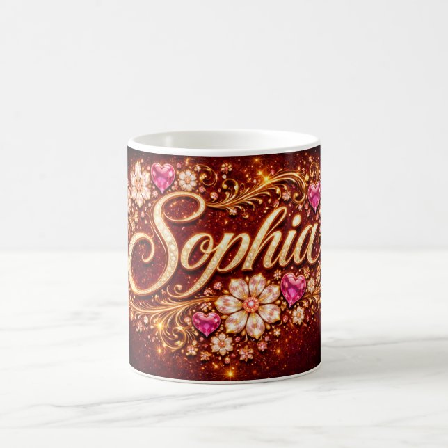 Caneca De Café Sophia Name Pink Hearts Gold Script Romantic Gift (Centro)