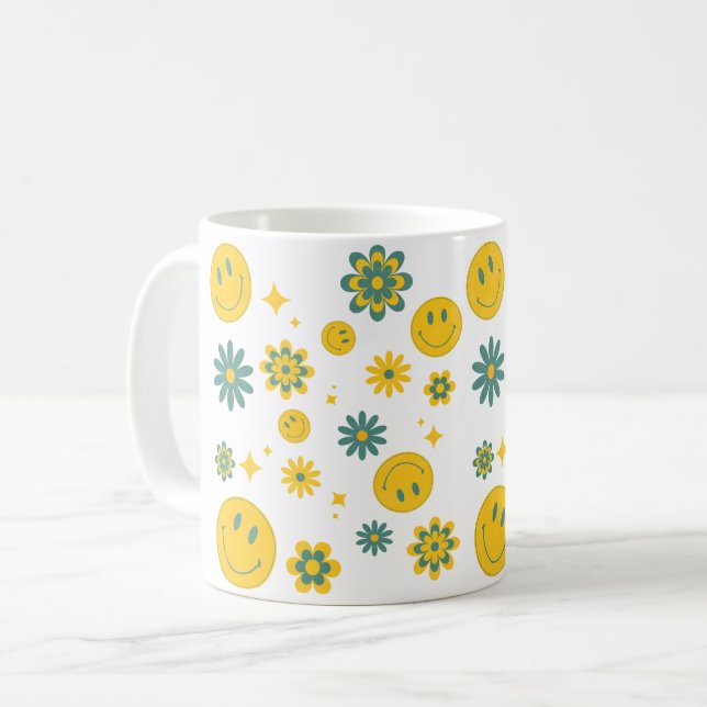 Caneca De Café sorriso engraçado rosto e flores ranchosas (Frente Esquerda)