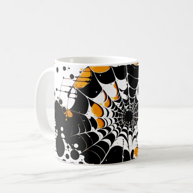 Caneca De Café Spider Web Orange e Black Ink Splatter Mug (Frente Esquerda)