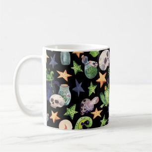 Caneca De Café "Spooky Halloween: Padrão Escuro Desenho De Mão."