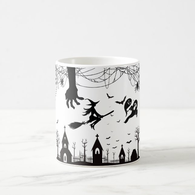 Caneca De Café Spooky Halloween Witch & Bats Pattern Mug (Centro)