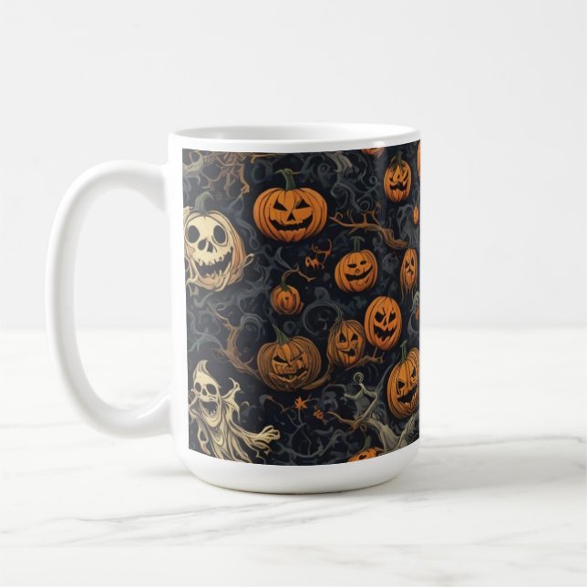 Caneca De Café Spooky Pumpkins e Scary Ghosts Design (Esquerda)